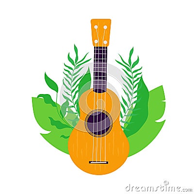 Hawaii guitar ukulele with hand drawn tropical leaves on background. Vector illustration Vector Illustration