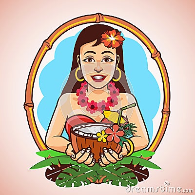 Hawaii Hula Girl Carrying Coconut Cocktail Mascot Logo Vector Illustration