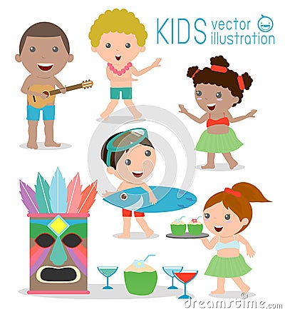 Hawaii Kids Vector Set, Hawaiian, Hawaii Set cartoon. Hawaii children Vector Illustration