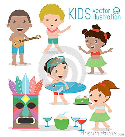 Hawaii Kids Vector Set, Hawaiian, Hawaii Set Vector Illustration