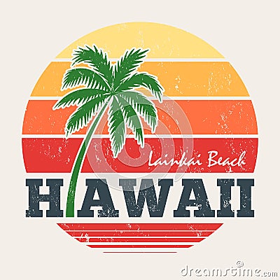 Hawaii Lanikai beach tee print with palm tree Vector Illustration