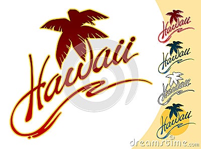 Hawaii lettering with a palm tree, a stylized ocean wave Vector Illustration
