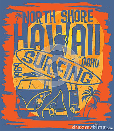 Hawaii, Oahu Surfing design. Vector Vector Illustration