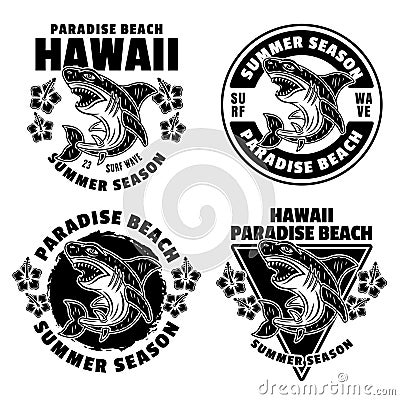 Hawaii paradise beach set of vector emblems, labels, badges or logos in vintage monochrome style with shark isolated on Vector Illustration