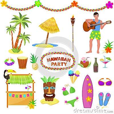 Hawaii party vector woman or man characterr on hawaiian beach with tropical palm and exotic fruity cocktails on summer Vector Illustration