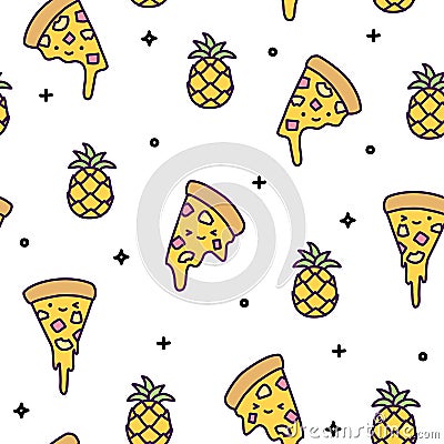 Hawaii pineapple pizza seamless pattern cute kawaii Vector Illustration