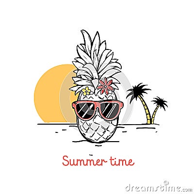 Hawaii pineapple in sunglasses on the beach Vector Illustration