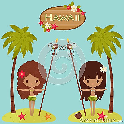 Hawaii poster with Hula dancers and palm trees Vector Illustration