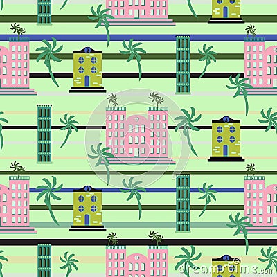 Hawaii resort buildings seamless vector pattern. Vector Illustration