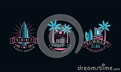 Hawaii Summer Logo Original Design Set, Summer Club Premium Retro Labels, Badges Vector Illustration Vector Illustration