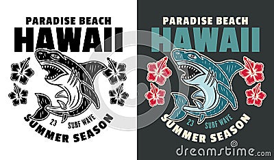 Hawaii surfing paradise beach vector vintage emblem, label, badge or logo with shark. Illustration in two styles black Vector Illustration