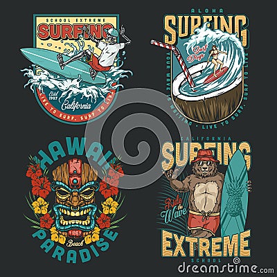 Hawaii surfing vintage colorful emblems Vector Illustration