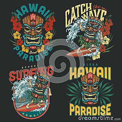 Hawaii surfing vintage colorful labels Vector Illustration