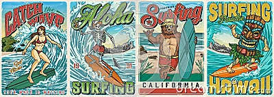 Hawaii surfing vintage colorful posters Vector Illustration