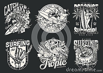 Hawaii surfing vintage monochrome emblems Vector Illustration