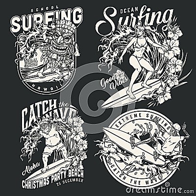 Hawaii surfing vintage monochrome labels Vector Illustration