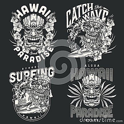 Hawaii surfing vintage monochrome labels Vector Illustration