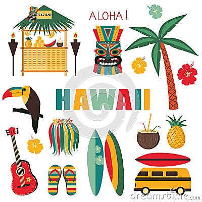 Hawaii Symbols and Icons. Vector Illustration