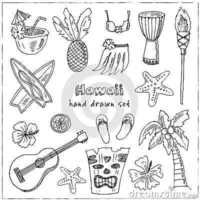 Hawaii Symbols and Icons, including Hula skirt, tiki gods, totem pole, drums, guitar, palm Vector Illustration
