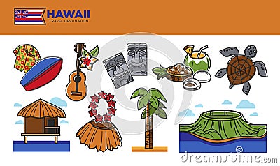 Hawaii travel destination promotional poster with country symbols Vector Illustration