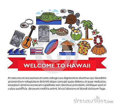 Hawaii travel poster of Hawaiian culture famous sightseeing landmarks and attractions icons Vector Illustration