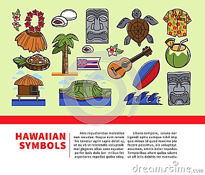 Hawaii travel welcome poster of Hawaiian sightseeings and famous culture landmarks icons Vector Illustration
