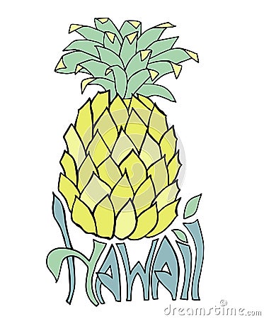 Hawaii. Typography banner. Pineapple sketch illustration. Aloha poster. Vector lettering. Vector Illustration
