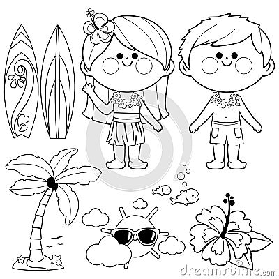 Hawaii vacation children. Boy and girl at the island. Beach summer vacation design elements. Vector black and white coloring page Vector Illustration
