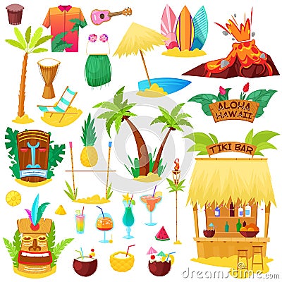 Hawaii vector hawaiian beach with tropical palm and sunbed or exotic fruity cocktails on summer vacation illustration Vector Illustration