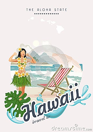 Hawaii vector travel illustration. Aloha state. Summer template. Beach resort. Sunny vacations Vector Illustration