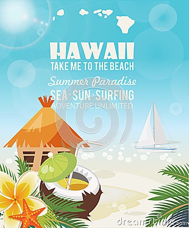 Hawaii vector travel illustration with coco. Summer template. Beach resort. Sunny vacations Vector Illustration