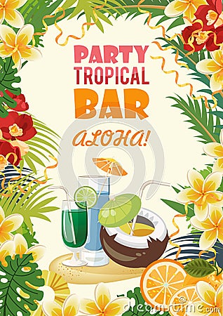 Hawaii vector travel illustration with cocktails. Summer template. Beach resort. Sunny vacations Vector Illustration