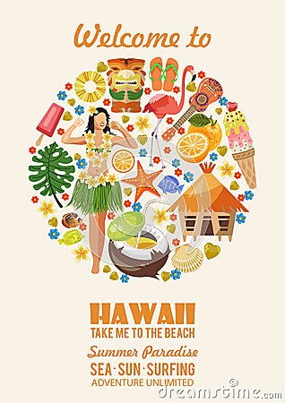 Hawaii vector travel illustration. Summer template. Beach resort. Sunny vacations Vector Illustration