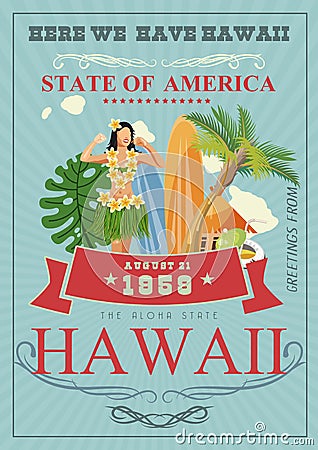 Hawaii vector travel illustration. Summer template. Beach resort. Sunny vacations in vintage style Vector Illustration