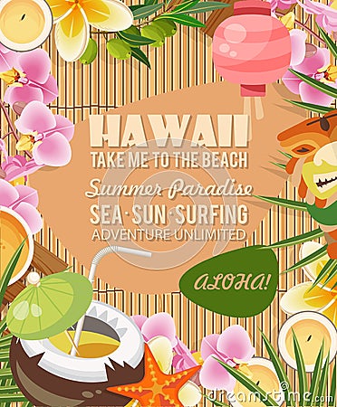 Hawaii vector travel illustration with tropical flowers. Summer template. Beach resort. Sunny vacations Vector Illustration