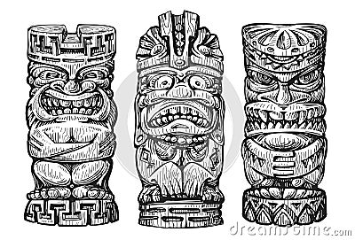 Hawaii wooden tiki masks sketch. Traditional ethnic idol of hawaiian or maori. Polynesian old tribal totem vector Vector Illustration