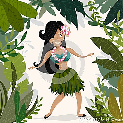 Hawaiian Aloha Party Invitation with Hawaiian hula dancing girl in tropical jungle Vector Illustration