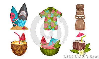 Hawaiian Beach Attributes and Tropical Symbols with Cocktail and Surfboards Vector Set Vector Illustration