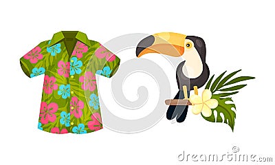 Hawaiian Beach Attributes and Tropical Symbols with Floral Shirt and Toucan Bird Vector Set Vector Illustration