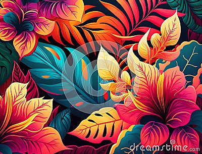 Hawaiian blossom floral tropical pattern. Bright flowers ornament background. Generative AI Stock Photo