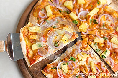 Hawaiian Chicken BBQ Italian Pizza on wood dish Stock Photo