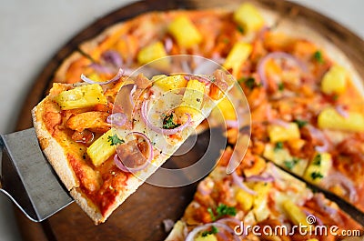 Hawaiian Chicken BBQ Italian Pizza on wood dish Stock Photo