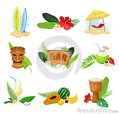 Hawaiian Compositions with Bright Exotic Palm Leaves and Tourist Attribute with Surfboard and Hammock Vector Set Vector Illustration