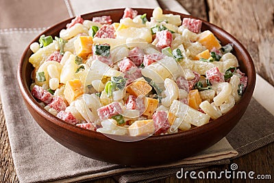 Hawaiian cuisine: salad with pasta, ham, pineapple, onion, cheddar cheese with mayonnaise close-up. horizontal, rustic style Stock Photo