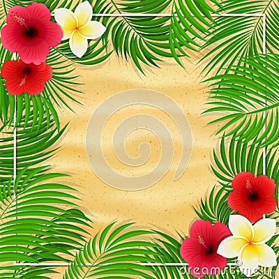 Hawaiian flowers and palm leaves on sandy background Vector Illustration