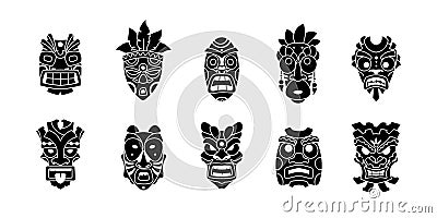 Hawaiian head mask. Tiki totem collection. Tribal ritual sculpture silhouette. Monochrome god face. Ethnic religious icons. Vector Illustration