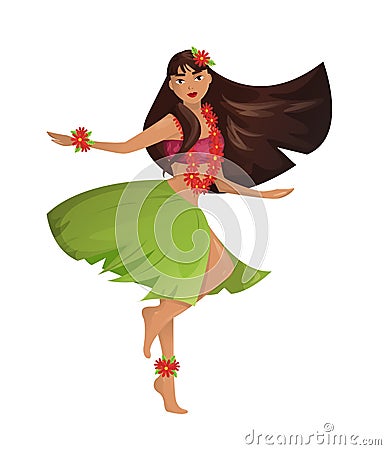 Hawaiian hula dancer young pretty woman. Vector Illustration