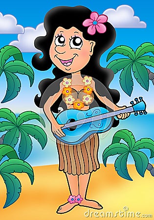 Hawaiian musician girl on beach Cartoon Illustration