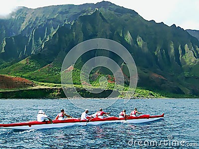 Hawaiian Outrigger Canoe racing Passing the Cathedrals formation along Na Pali Coast in Hawaii Editorial Stock Photo