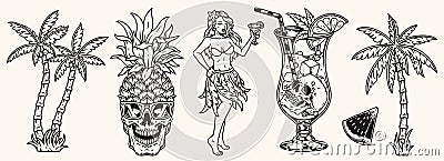 Hawaiian party set monochrome element Vector Illustration